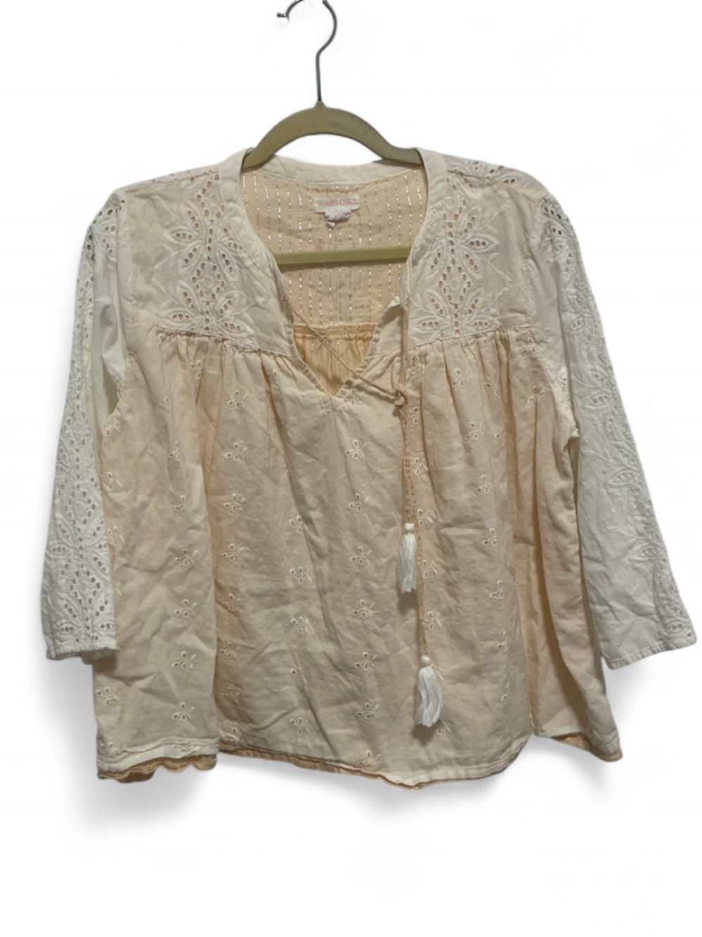Shabby Chic Boho Eylet Peasant Top - Cream Peach